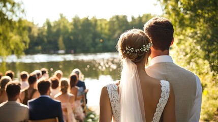 Poster - This beautiful image captures a newlywed couple from behind, facing their guests during an outdoor wedding ceremony by a tranquil lake  