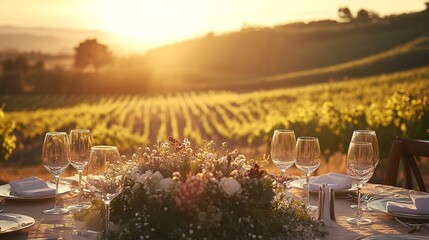 Wall Mural - Stunning table arrangement for a wedding of festive event against a breathtaking backdrop of vineyards on summer sunset. - 