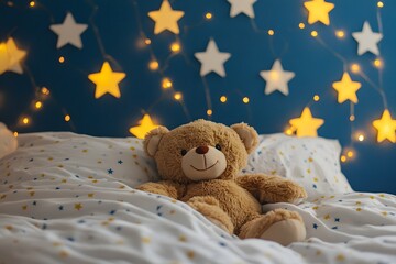 a teddy bear on a bed with white sheets and yellow stars on the wall, against a blue background, in 