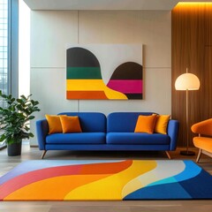 Colorful Mid Century Living Room with Vibrant Furniture, Rainbow Rug and Indoor Plants in Stylish Scandinavian Design