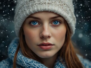 Portrait of a woman with blue eyes and snowflakes.