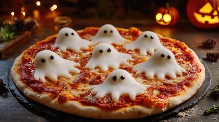 A creepy Halloween pizza topped with mozzarella cheese shaped like ghosts, set against a spooky backdrop of festive decorations