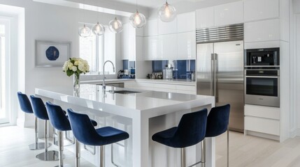 Wall Mural - A contemporary kitchen featuring sleek white cabinetry, a spacious island with seating, stylish lighting fixtures, and blue accents. Fresh flowers add a touch of elegance to this vibrant room.