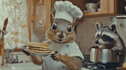 Wall Mural - Squirrel Chef's Pancake Surprise: A playful, whimsical scene of a squirrel chef in a white chef's hat, proudly presenting a stack of golden pancakes.