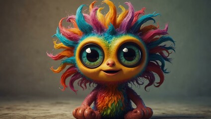 quirky creature with colorful hair and big eyes, spreading joy.