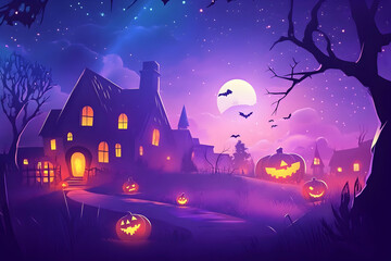 Halloween Night Illustration with Jack-o'-Lanterns and a Full Moon