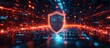 © Muhammad - A glowing red shield stands in the middle of a futuristic digital landscape with bright blue and red lights, representing cybersecurity and digital protection.