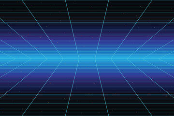 Wall Mural - retro cyberpunk style 80s game scene pixel art 8-bit sci-fi background. glowing neon grid and stars 