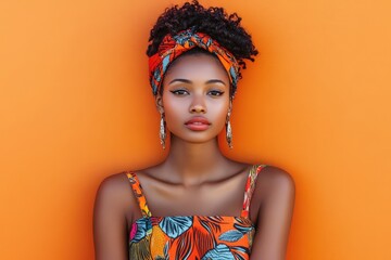 African Print Headscarf: A powerful portrait of a Black woman with a confident gaze, adorned with a vibrant African print headscarf and matching outfit, exuding strength and beauty.