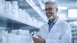 © BoOm - Smiling pharmacist examining medication bottle in modern pharmacy, bright and organized atmosphere.