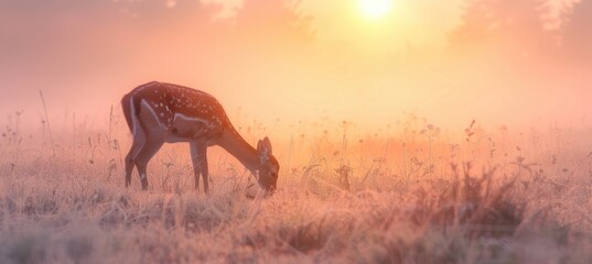 Serene Deer Grazing at Sunrise in a Misty Meadow with Soft Pink and Orange Morning Hues