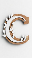 Canvas Print - Wooden letter C with white leaves, on a white background.