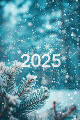 Wall Mural - Christmas tree branch adorned with snow, displaying the year 2025