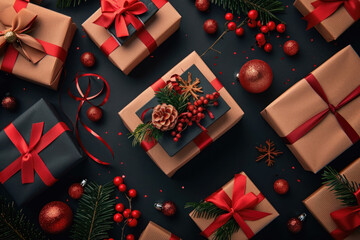 Poster - Christmas presents on a black background, wrapped in colorful paper with glittery ribbons and bows.