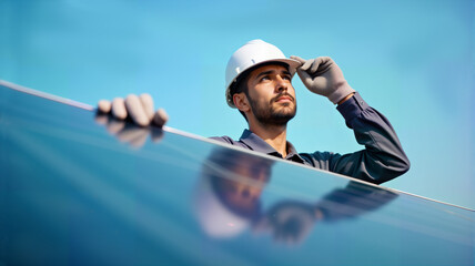 A focused technician inspects solar panels under a clear blue sky, wearing safety gear. For renewable energy projects, environmental campaigns, technology-related content, highlighting sustainability