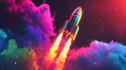 Aufkleber - A vibrant rocket launches into a colorful array of clouds, illuminating the dark sky with flames and showcasing a starry night