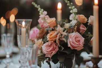 Sticker - Vase with pink roses and candles on a wooden table, creating a romantic and cozy ambiance.