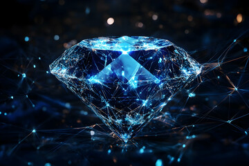 Abstract 3D Blue Diamond Crystal Glowing on a Dark Background