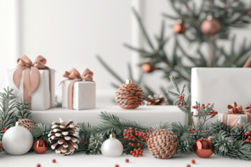 Wall Mural - Christmas decorations on a white table - sparkling ornaments, red bows, and twinkling lights. A festive centerpiece, setting a joyful holiday mood.