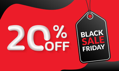 Poster - 20 percent price off. Black Friday sale banner with hanging price tag. Discount banner, label, flyer design. Promo and marketing poster template. Vector illustration.