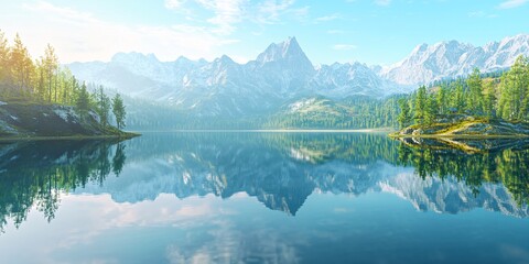 Sticker - Serene mountain lake with reflection of snow-capped peaks and lush forest.