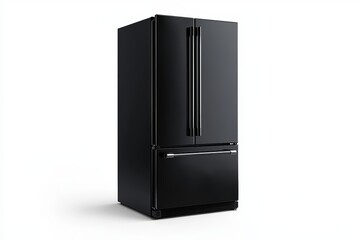 Wall Mural - Stylish black refrigerator with double doors and bottom freezer, isolated on a white background.