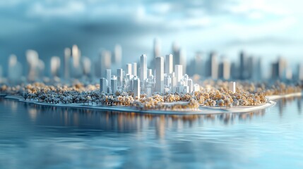 Wall Mural - ity white model, skyline of city, 3d model rendering without texture, tilt shift lens, white model style, blue sky background,3D visualization style,minimalist style, blue sky and white light, 