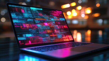 A laptop with a glowing digital technology screen, featuring a futuristic interface with vibrant tech icons and data streams