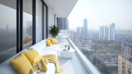 Poster - A stylish balcony features a white sofa adorned with yellow cushions and a cozy blanket, providing a perfect spot to relax while enjoying a view of tall buildings and a clear sky.