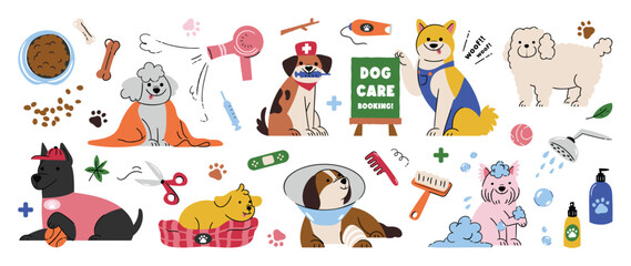 cute dogs doodle vector set. cartoon pet character design collection with dog care, dog health, sham