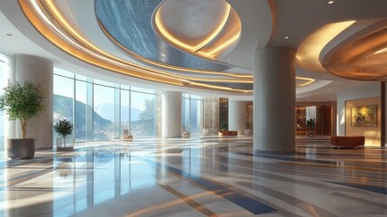 Modern Lobby Interior Design with Circular Ceiling and Abstract Art 3d animation