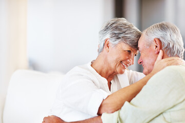 Poster - Senior couple, embrace and romance in home for relax, bonding and love with support, care and together. Elderly people, smile and connection in house for weekend break, marriage and happy with trust