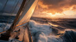 © Alina Tymofieieva - A sailing yacht navigates rough seas at sunset, with vibrant clouds casting a warm glow over the turbulent waves