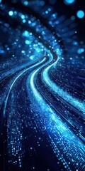 Wall Mural - futuristic digital landscape with dynamic blue neon lines and particle flow on an abstract dark back