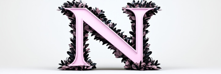 Canvas Print - A pink letter N with a black and white leaf design.