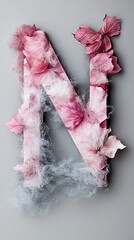 Wall Mural - The letter N formed by delicate pink petals and wispy white smoke, creating a captivating image of ethereal beauty.