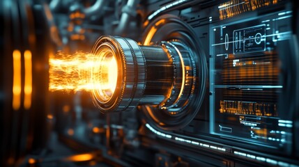Poster - A glowing energy core emits bright light, surrounded by intricate machinery and digital displays in a cutting-edge laboratory, showcasing advanced technology and innovation in energy research.