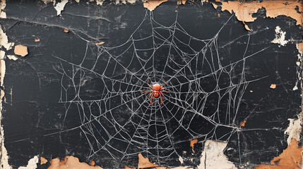 Spider rests in the center of its delicate web against a worn, cracked wall, creating a sense of decay and nature’s resilience in an urban environment.