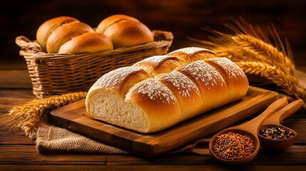 Freshly Baked Braided Bread with Wheat on Rustic Wood