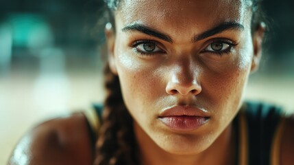 a close-up portrait of a focused and determined female athlete with glistening sweat on her face, sh