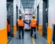 ©  Green Creator - Loading dock with workers in high-visibility vests, forklifts moving pallets, logistics action