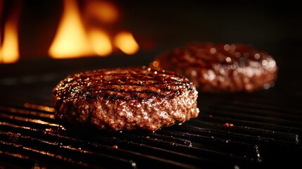 Two sizzling burger patties on a grill, surrounded by dancing flames, capturing the essence of outdoor barbecue and the delicious anticipation of a meal.