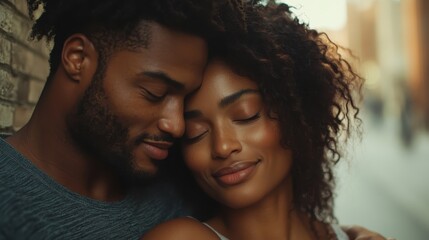 A couple leans against a brick wall, eyes closed, and enjoys a serene and intimate moment, showcasing love and peaceful contentment in an outdoor setting.