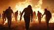 © familymedia - A horde of zombies moves ominously towards the camera, silhouetted by giant flames, creating an intense and suspenseful apocalypse-themed scene.
