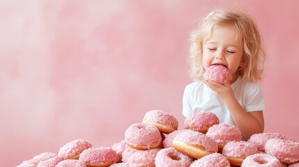 A cheerful child dressed in white with blonde curls enjoys eating pink frosted doughnuts, surrounded by a tower of sweet treats against a soft pink background.