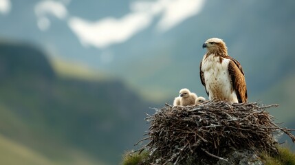 An eagle gracefully watches over its two chicks in a nest with a breathtaking mountain view, embodying the beauty and protective nature of wildlife.