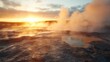 © familymedia - The vibrant geothermal hot springs emit steam against a breathtaking sunset, representing the convergence of earth's raw energy and magnificent natural beauty.