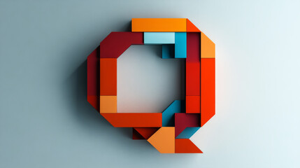 A colorful, abstract letter Q, formed from geometric shapes, casts a shadow on a white background.