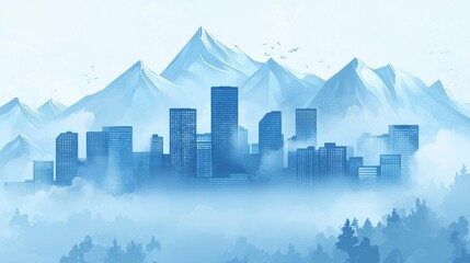 Wall Mural - an illustration of a city with a single line of mountains behind it, with fog all around