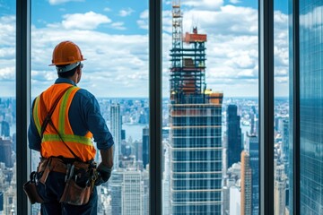 Construction Worker Looking Out Window at Cityscape